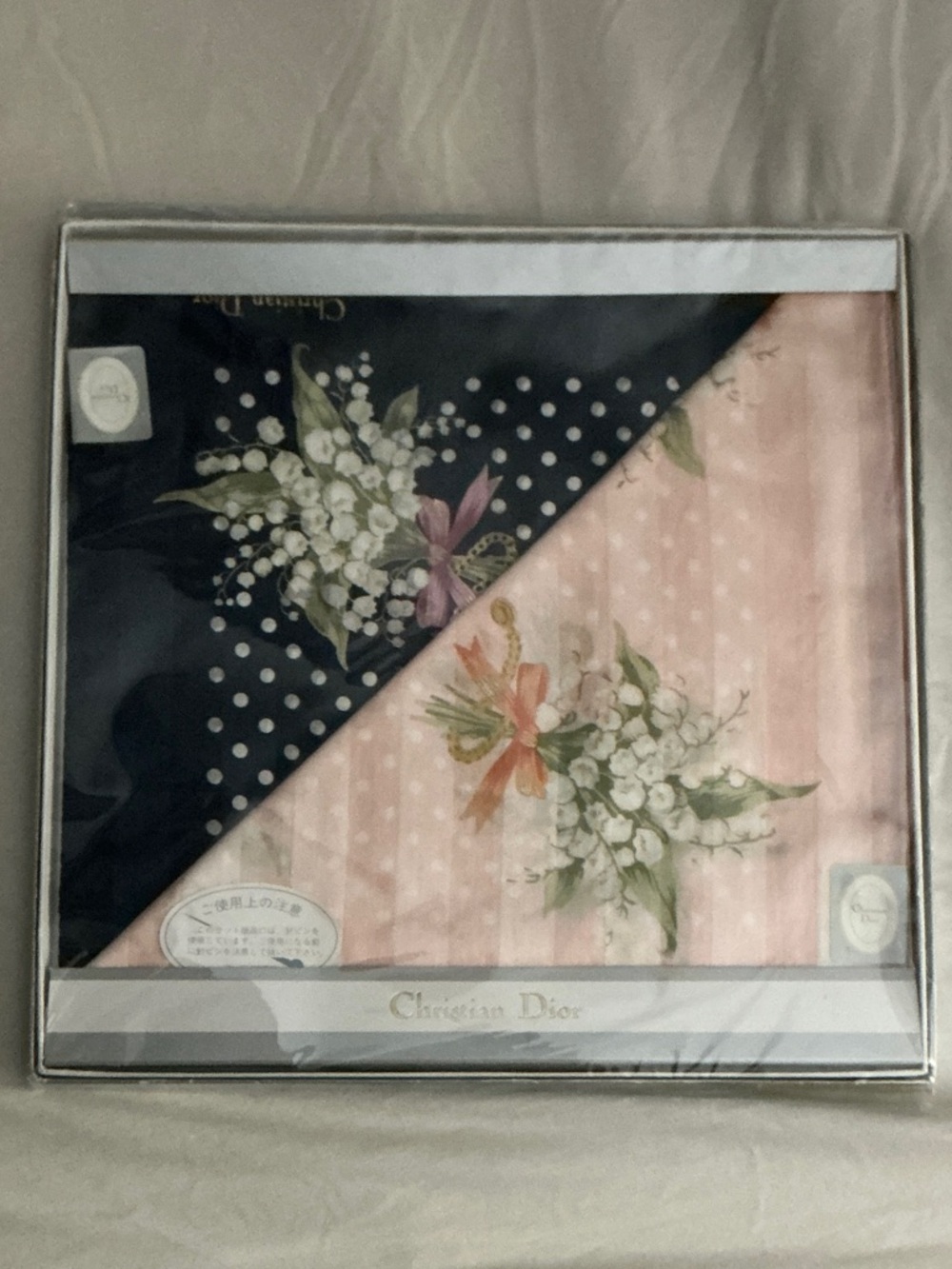 Dior Floral Polka Dot Silk Scarf - Navy & Pink